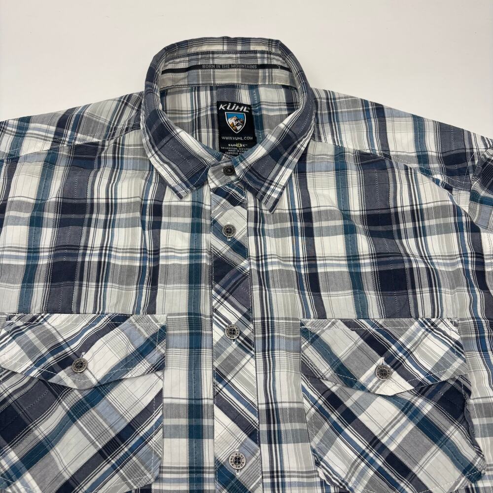 Kuhl Mens Large Blue White Plaid Short Sleeve Button Up Shirt
